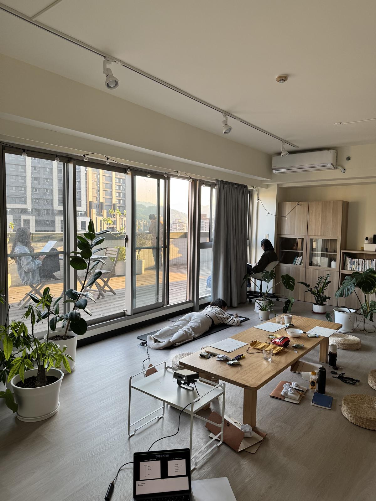 室內整體空間 · 落地窗、植物、可席地而坐